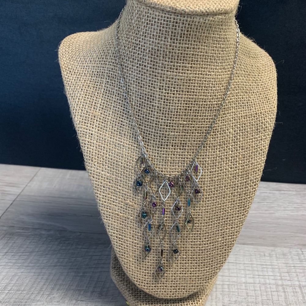 Silver Tone Geometric Diamond Bib Necklace Iridescent Oil Slick Beads 16 Inch